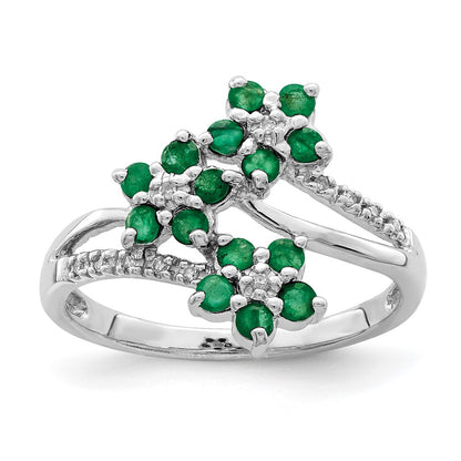 Sterling Silver Rhodium Plated 3 Flower Emerald And Diamond Ring