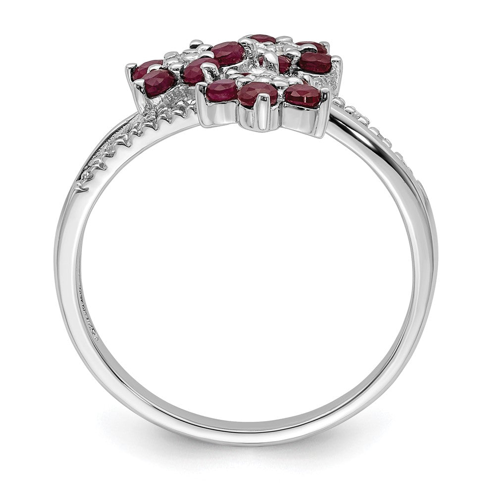 Sterling Silver Rhodium Plated 3 Flower Ruby And Diamond Ring
