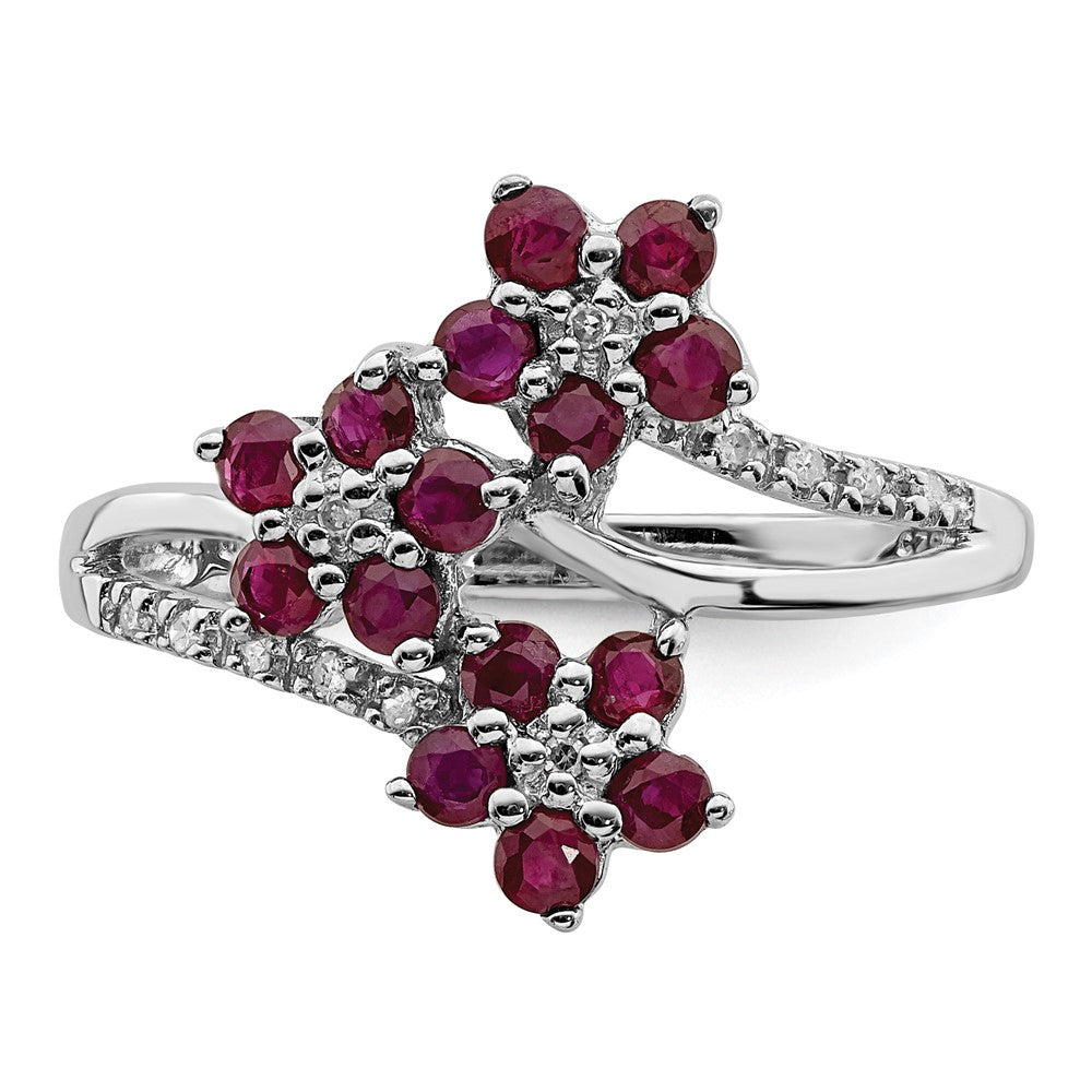 Sterling Silver Rhodium Plated 3 Flower Ruby And Diamond Ring
