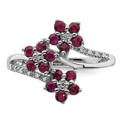 Sterling Silver Rhodium Plated 3 Flower Ruby And Diamond Ring