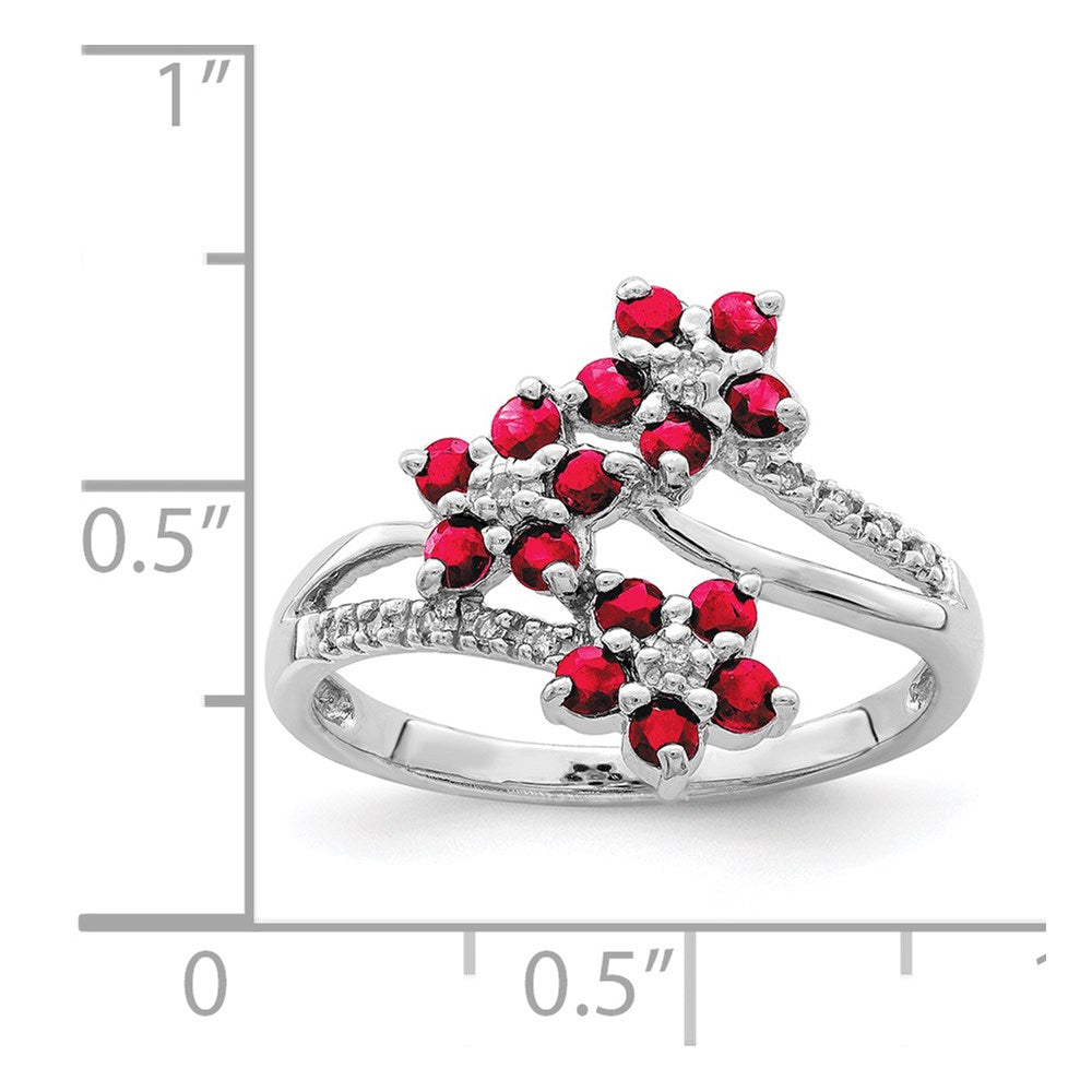 Sterling Silver Rhodium Plated 3 Flower Ruby And Diamond Ring