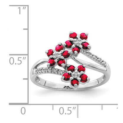 Sterling Silver Rhodium Plated 3 Flower Ruby And Diamond Ring