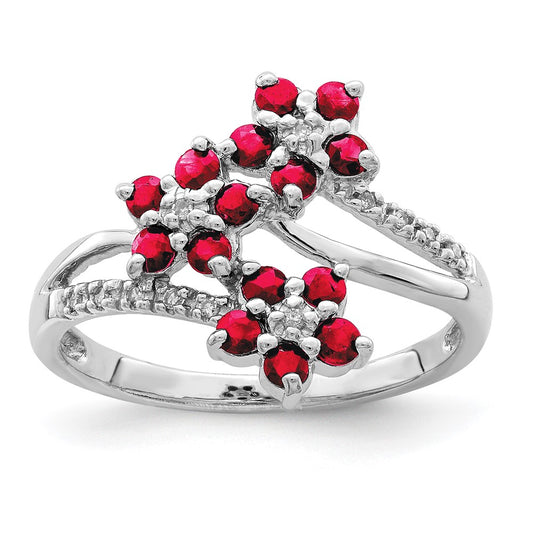 Sterling Silver Rhodium Plated 3 Flower Ruby And Diamond Ring