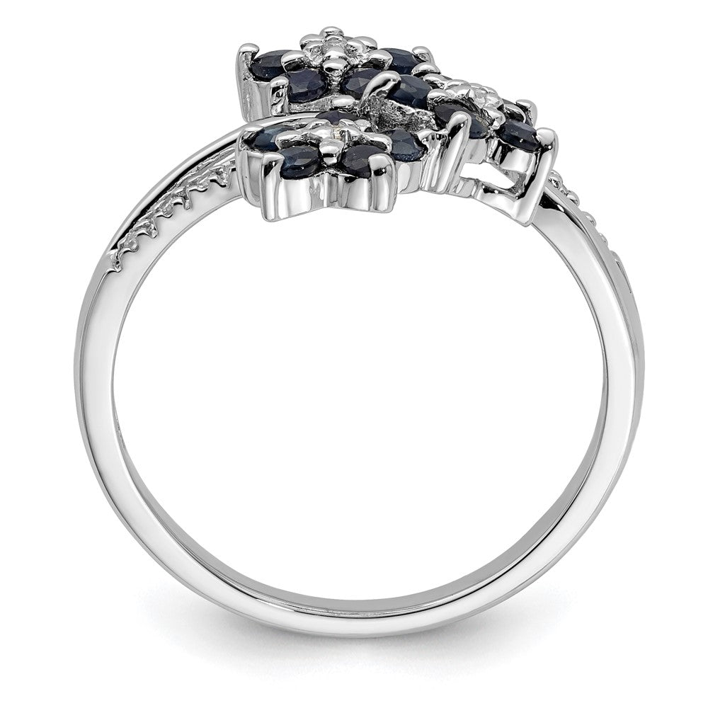 Sterling Silver Rhodium Plated 3 Flower Sapphire And Diamond Ring