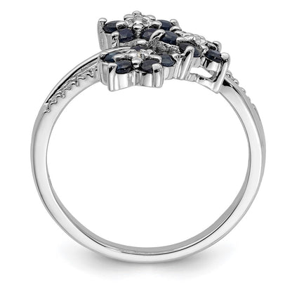 Sterling Silver Rhodium Plated 3 Flower Sapphire And Diamond Ring