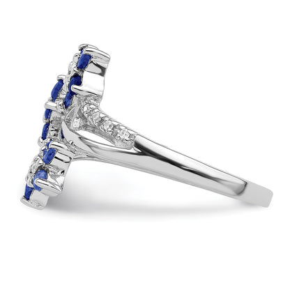 Sterling Silver Rhodium Plated 3 Flower Sapphire And Diamond Ring