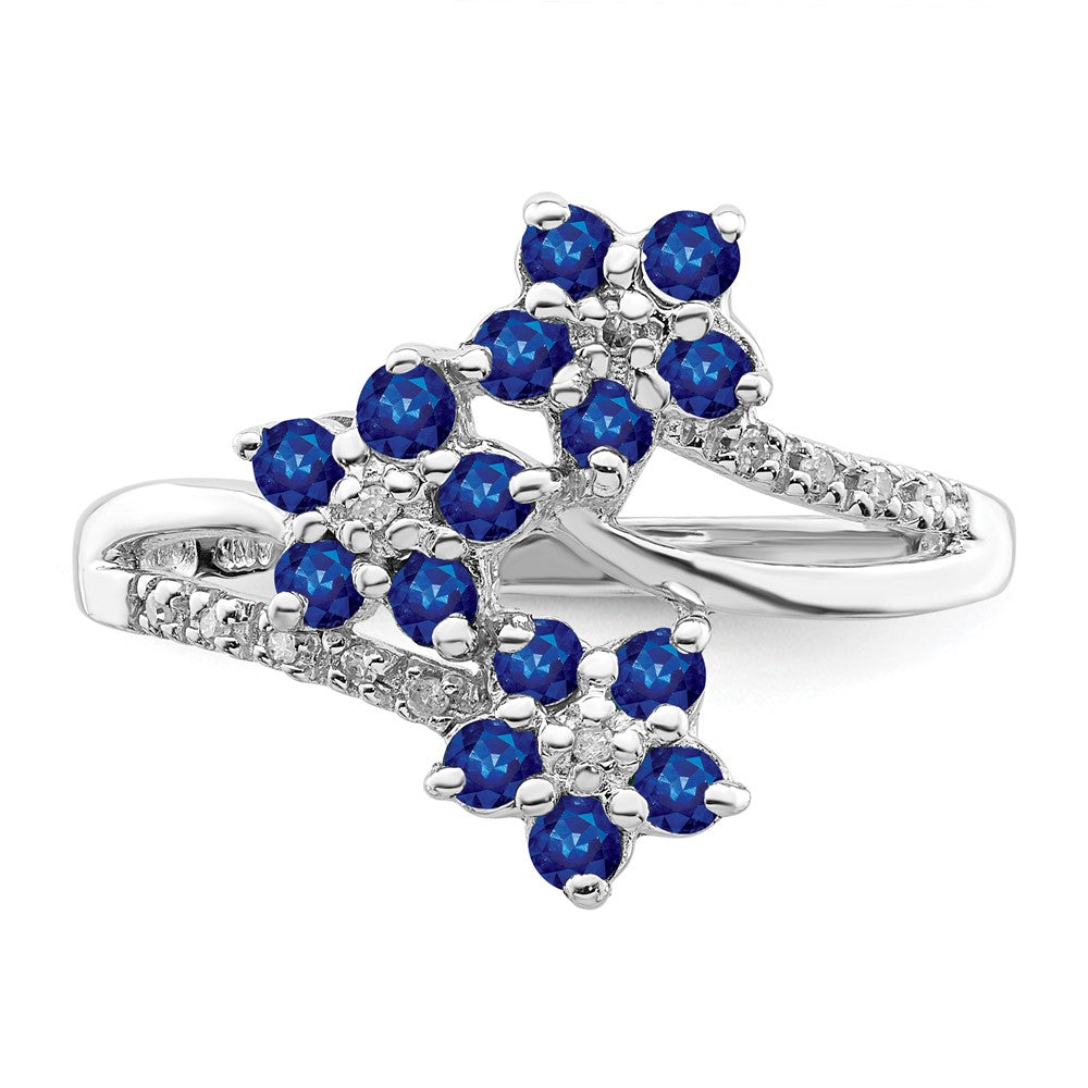 Sterling Silver Rhodium Plated 3 Flower Sapphire And Diamond Ring