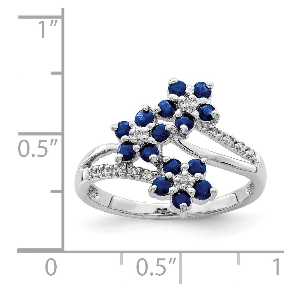 Sterling Silver Rhodium Plated 3 Flower Sapphire And Diamond Ring