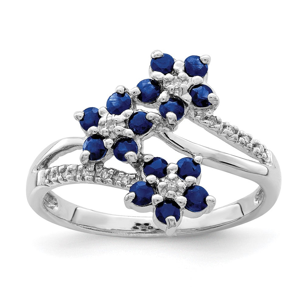 Sterling Silver Rhodium Plated 3 Flower Sapphire And Diamond Ring
