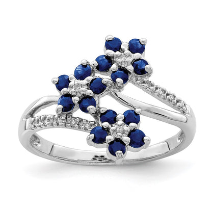 Sterling Silver Rhodium Plated 3 Flower Sapphire And Diamond Ring