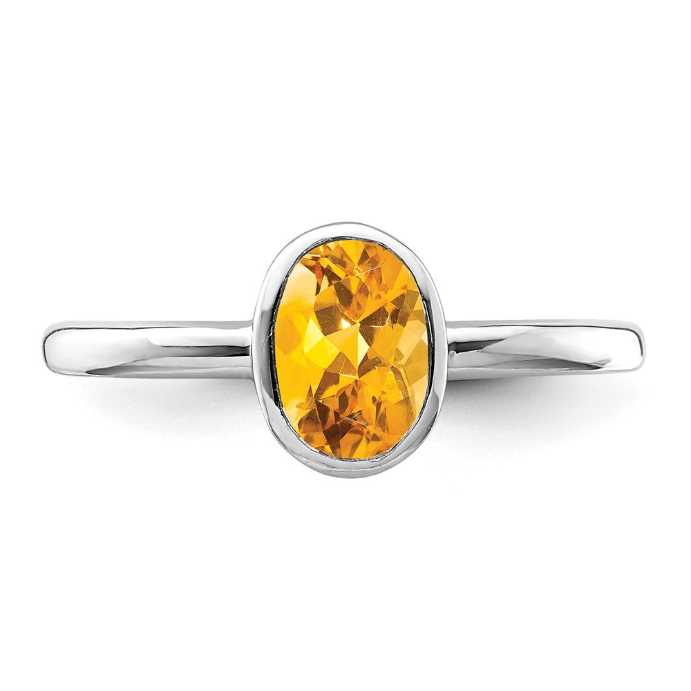 Sterling Silver Rhodium Plated Polished Citrine Oval Ring