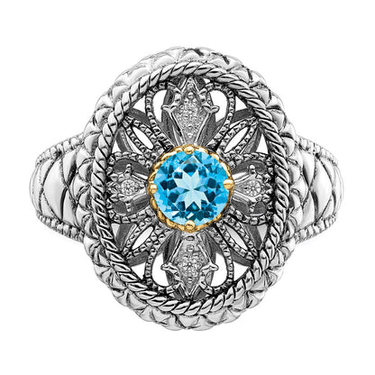 Silver/14K Two Tone Sterling Silver Rhodium 14K Accent Blue Topaz & Cz Oval Fancy Ring (Size 7 Only)