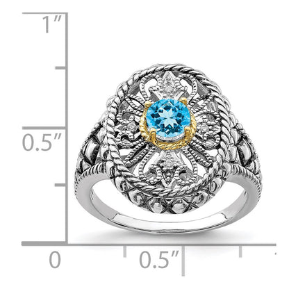 Silver/14K Two Tone Sterling Silver Rhodium 14K Accent Blue Topaz & Cz Oval Fancy Ring (Size 7 Only)