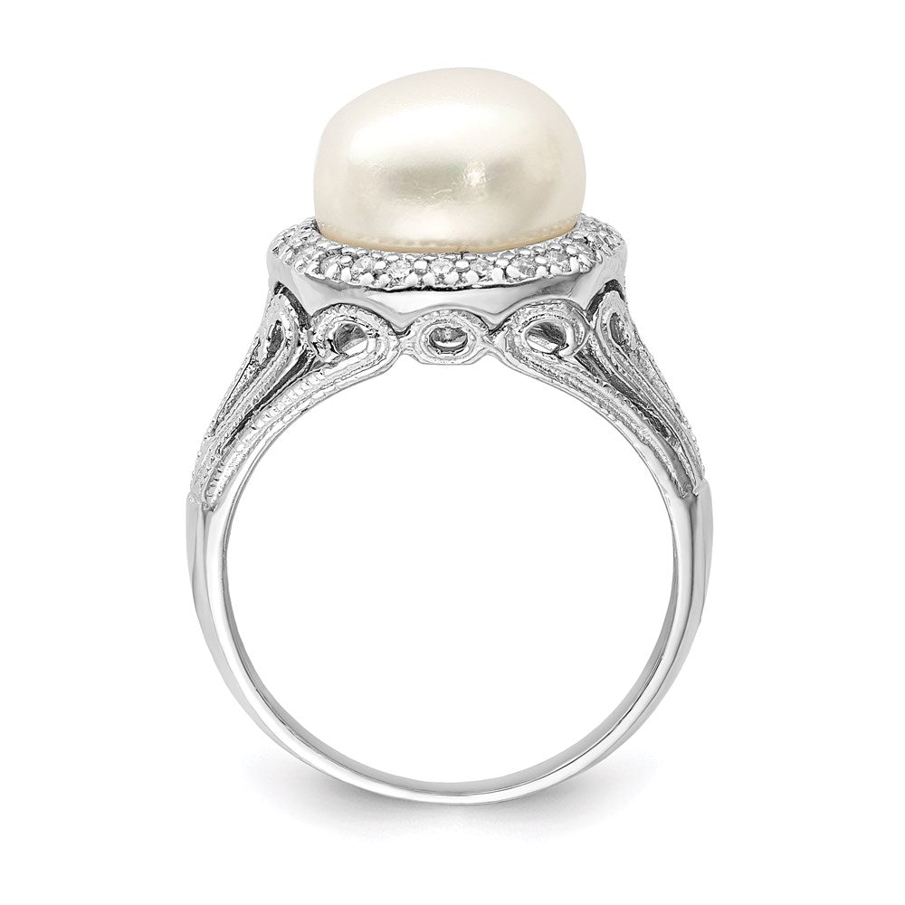 Sterling Silver Rhodium Plated 10 11mm White Button Freshwater Cultured Pearl And Cz Ring