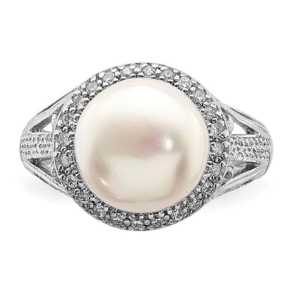 Sterling Silver Rhodium Plated 10 11mm White Button Freshwater Cultured Pearl And Cz Ring