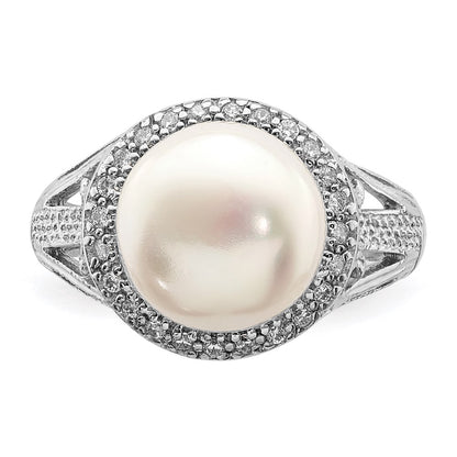 Sterling Silver Rhodium Plated 10 11mm White Button Freshwater Cultured Pearl And Cz Ring