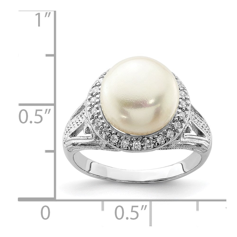 Sterling Silver Rhodium Plated 10 11mm White Button Freshwater Cultured Pearl And Cz Ring