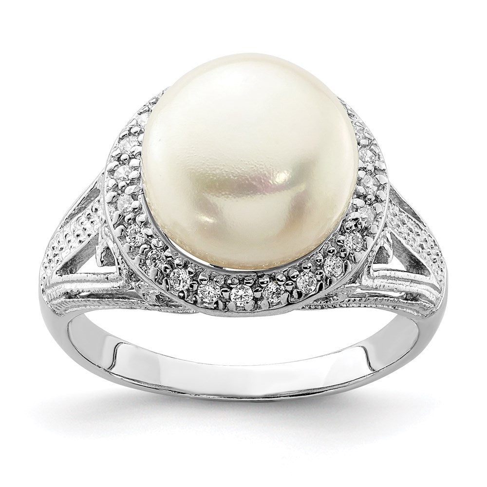 Sterling Silver Rhodium Plated 10 11mm White Button Freshwater Cultured Pearl And Cz Ring