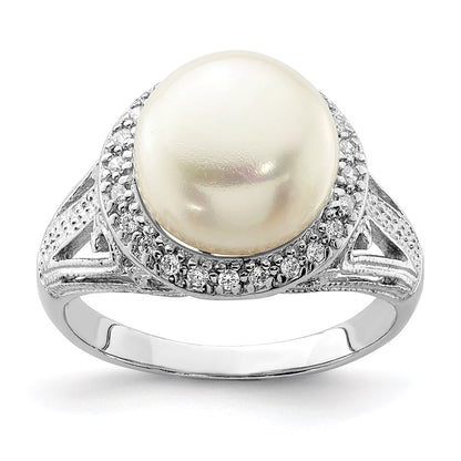 Sterling Silver Rhodium Plated 10 11mm White Button Freshwater Cultured Pearl And Cz Ring