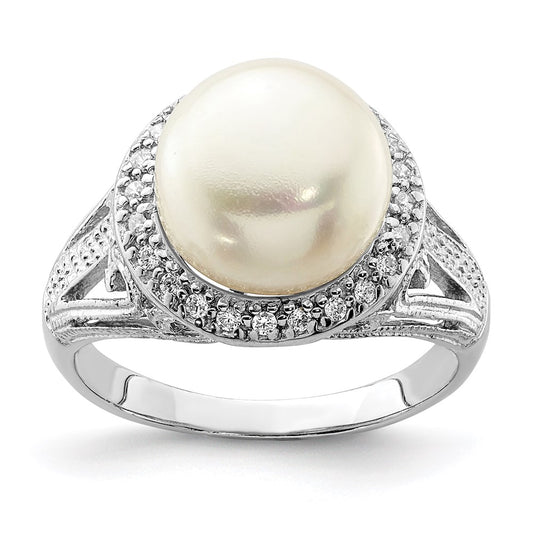 Sterling Silver Rhodium Plated 10 11mm White Button Freshwater Cultured Pearl And Cz Ring