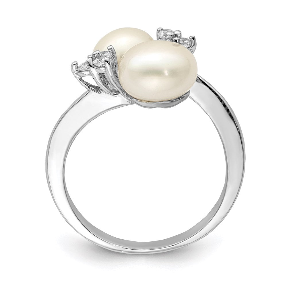 Sterling Silver Rhodium Plated 8 9mm White Button Freshwater Cultured Pearl And Cz Ring