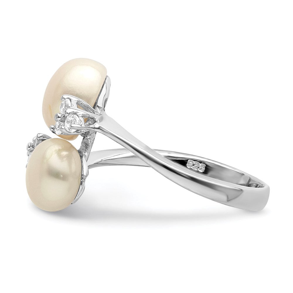 Sterling Silver Rhodium Plated 8 9mm White Button Freshwater Cultured Pearl And Cz Ring