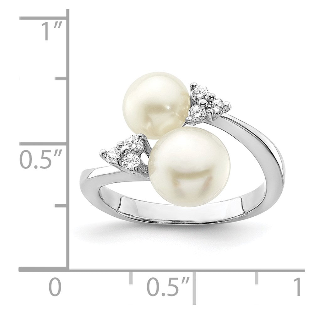 Sterling Silver Rhodium Plated 8 9mm White Button Freshwater Cultured Pearl And Cz Ring