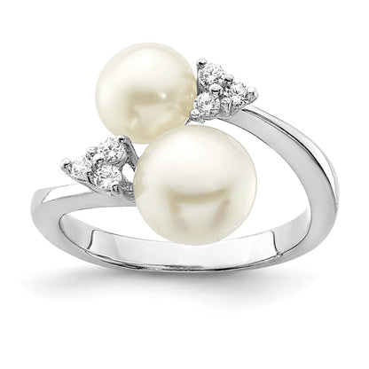 Sterling Silver Rhodium Plated 8 9mm White Button Freshwater Cultured Pearl And Cz Ring