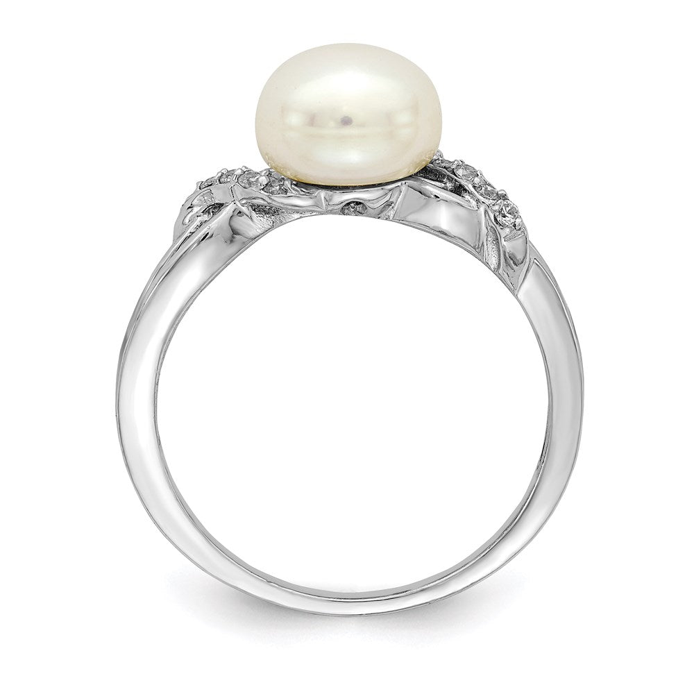 Sterling Silver Rhodium Plated 8 9mm White Button Freshwater Cultured Pearl And Cz Ring