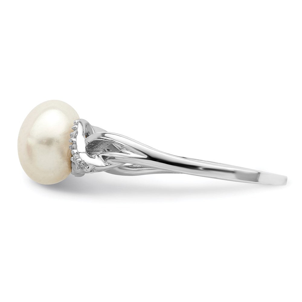 Sterling Silver Rhodium Plated 8 9mm White Button Freshwater Cultured Pearl And Cz Ring