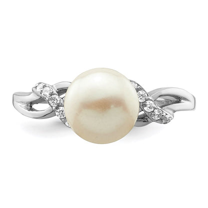 Sterling Silver Rhodium Plated 8 9mm White Button Freshwater Cultured Pearl And Cz Ring