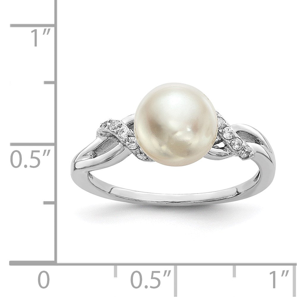 Sterling Silver Rhodium Plated 8 9mm White Button Freshwater Cultured Pearl And Cz Ring