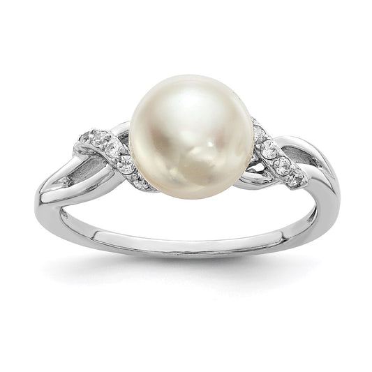 Sterling Silver Rhodium Plated 8 9mm White Button Freshwater Cultured Pearl And Cz Ring