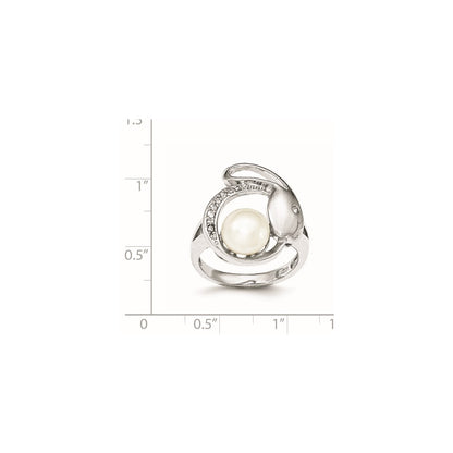 Sterling Silver Cz 8 9mm Fw Cultured Button Pearl Ring