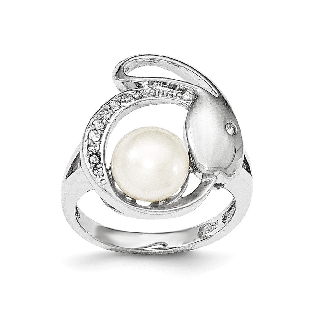 Sterling Silver Cz 8 9mm Fw Cultured Button Pearl Ring