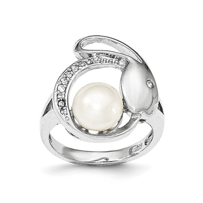 Sterling Silver Cz 8 9mm Fw Cultured Button Pearl Ring
