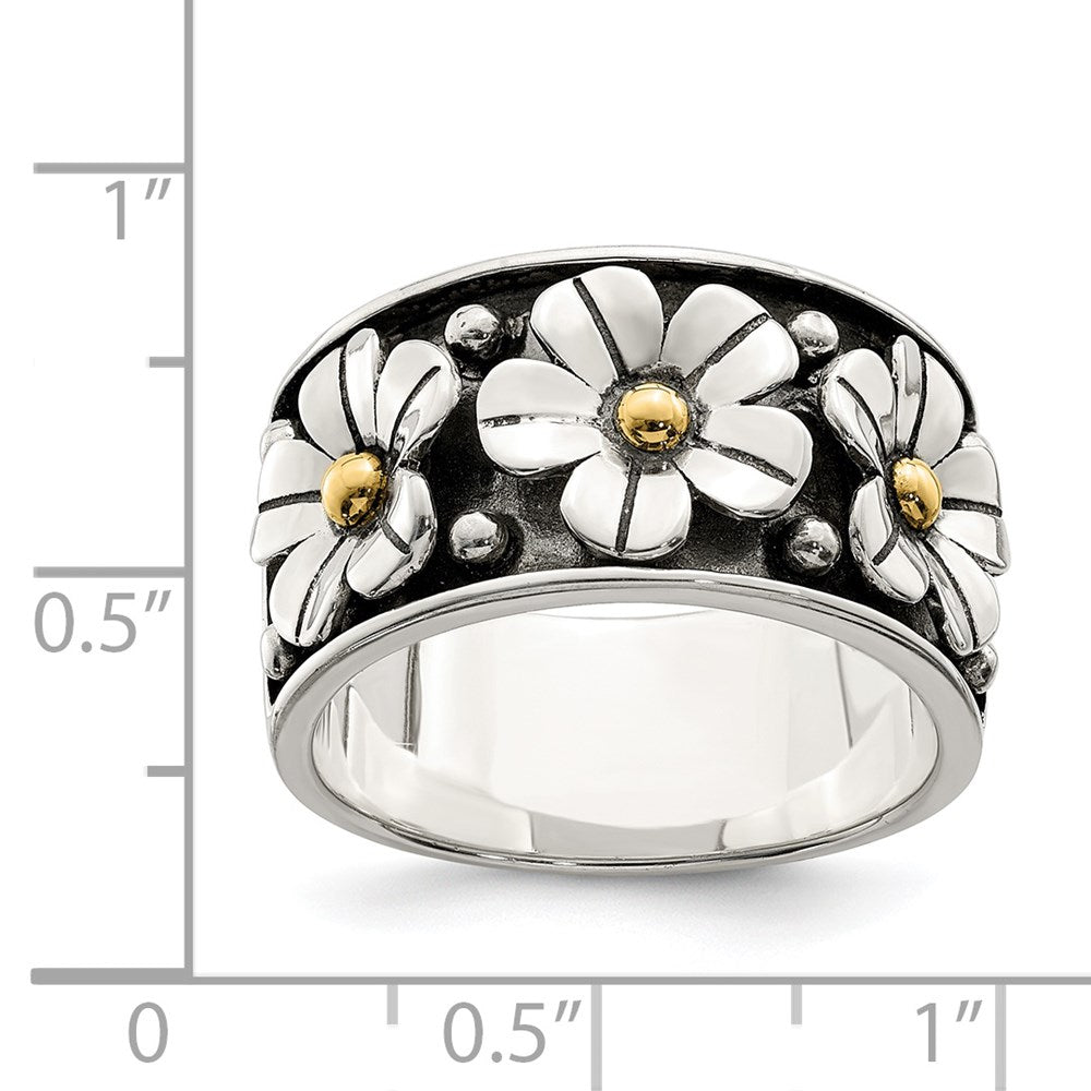 Silver/14K Two Tone Sterling Silver Antiqued W/ 14K Gold Centers Daisy Ring