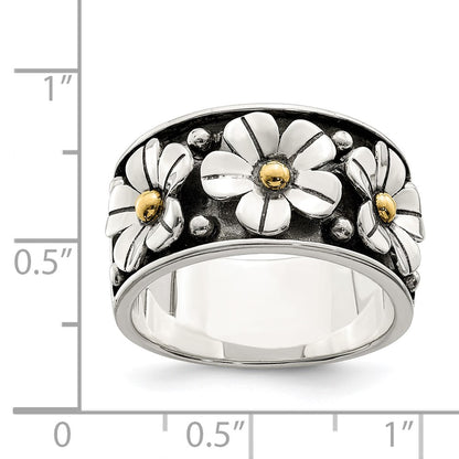 Silver/14K Two Tone Sterling Silver Antiqued W/ 14K Gold Centers Daisy Ring