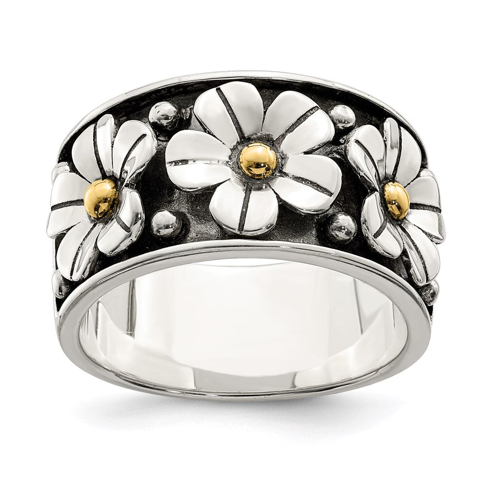 Silver/14K Two Tone Sterling Silver Antiqued W/ 14K Gold Centers Daisy Ring