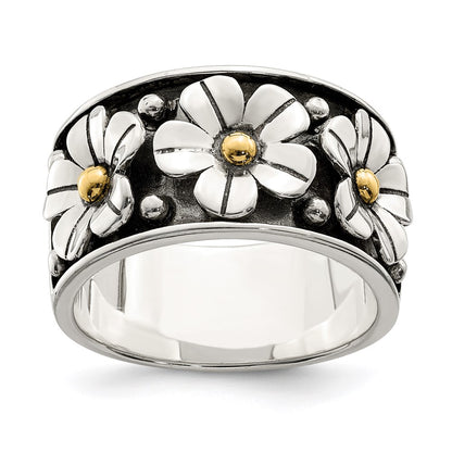Silver/14K Two Tone Sterling Silver Antiqued W/ 14K Gold Centers Daisy Ring
