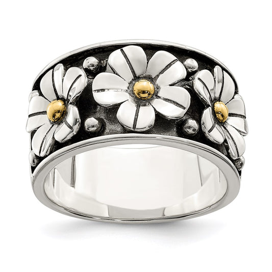 Silver/14K Two Tone Sterling Silver Antiqued W/ 14K Gold Centers Daisy Ring