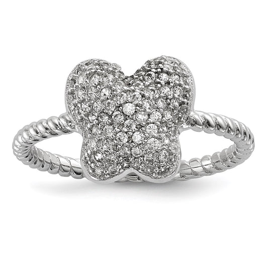 Sterling Silver Rhodium Plated Cz Butterfly Ring
