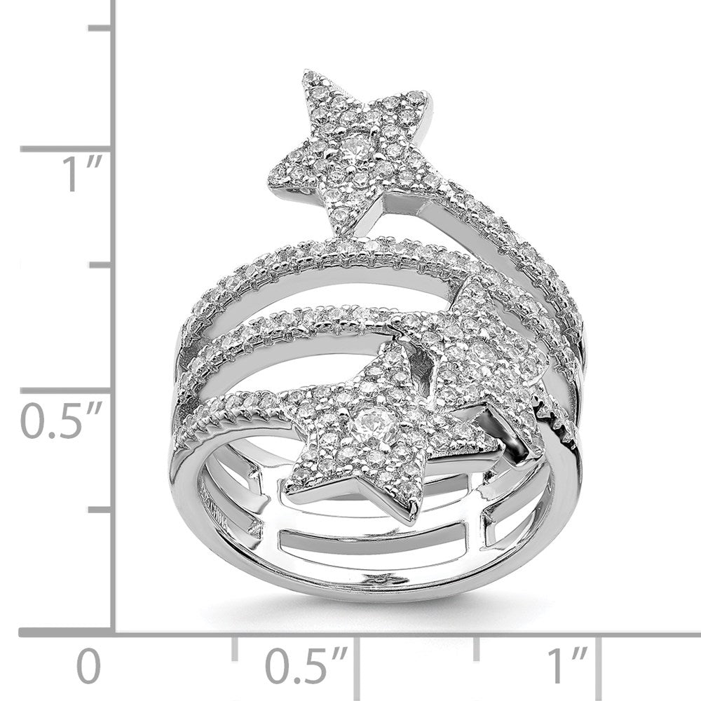 Sterling Silver Rhodium Plated Cz Star Ring