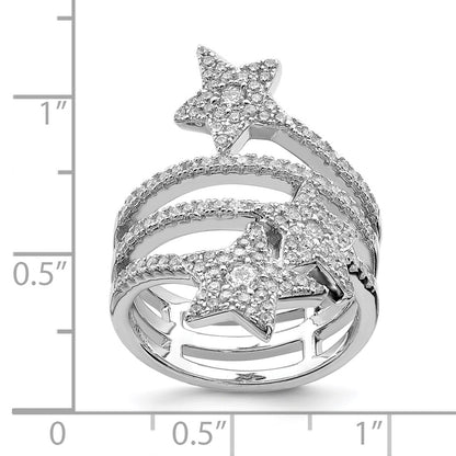 Sterling Silver Rhodium Plated Cz Star Ring
