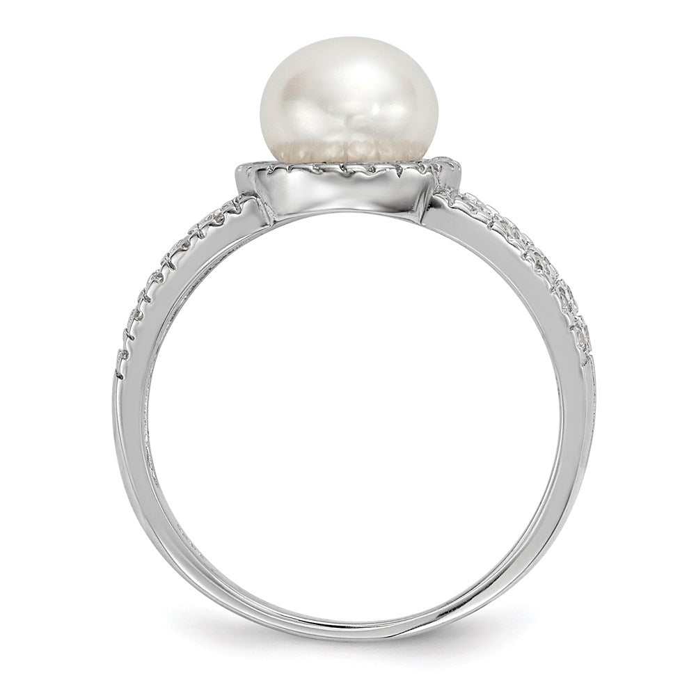 Sterling Silver Rhodium Plated 7 8mm White Button Freshwater Cultured Pearl And Cz Ring