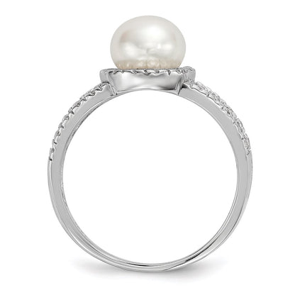 Sterling Silver Rhodium Plated 7 8mm White Button Freshwater Cultured Pearl And Cz Ring