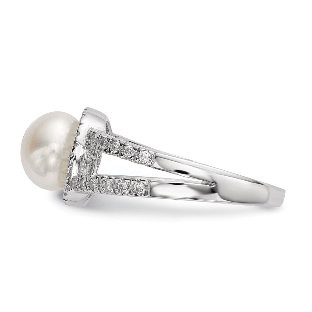 Sterling Silver Rhodium Plated 7 8mm White Button Freshwater Cultured Pearl And Cz Ring