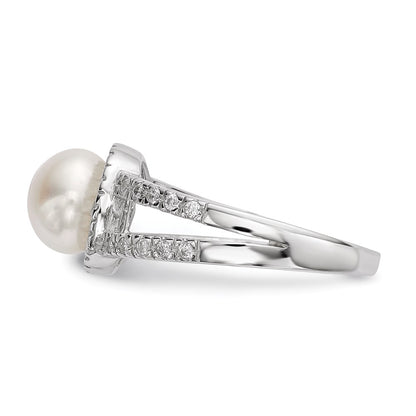 Sterling Silver Rhodium Plated 7 8mm White Button Freshwater Cultured Pearl And Cz Ring