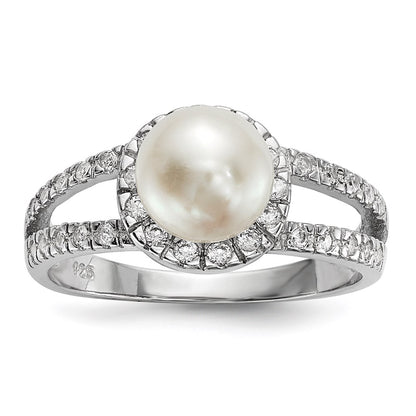 Sterling Silver Rhodium Plated 7 8mm White Button Freshwater Cultured Pearl And Cz Ring