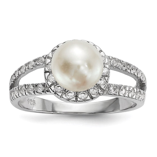 Sterling Silver Rhodium Plated 7 8mm White Button Freshwater Cultured Pearl And Cz Ring